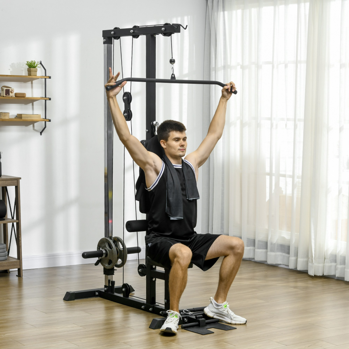 Pull Up Station Power Cage with Adjustable Seat, Home Gym, Black